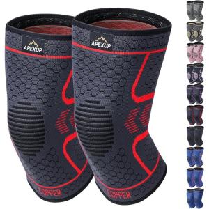 imageAPEXUP Compression Knee Brace for Women Copper Compression Sleeve for Knee Support Arthritis Pain Relief Meniscus Tear ACL RunningDark GreyRed