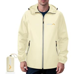 imageAPEXUP Packable Rain Jacket Men with Reflective Zipper Lightweight Waterproof Raincoat Mens Rain Jacket for Outdoor SportsBeige