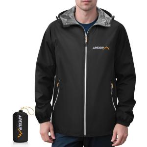 imageAPEXUP Packable Rain Jacket Men with Reflective Zipper Lightweight Waterproof Raincoat Mens Rain Jacket for Outdoor SportsBlack