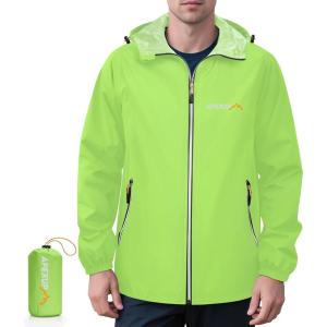 imageAPEXUP Packable Rain Jacket Men with Reflective Zipper Lightweight Waterproof Raincoat Mens Rain Jacket for Outdoor SportsFluo Green