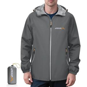 imageAPEXUP Packable Rain Jacket Men with Reflective Zipper Lightweight Waterproof Raincoat Mens Rain Jacket for Outdoor SportsGrey