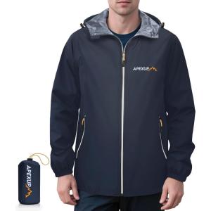 imageAPEXUP Packable Rain Jacket Men with Reflective Zipper Lightweight Waterproof Raincoat Mens Rain Jacket for Outdoor SportsNavy