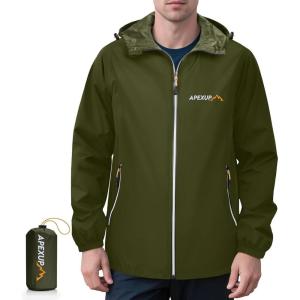 imageAPEXUP Packable Rain Jacket Men with Reflective Zipper Lightweight Waterproof Raincoat Mens Rain Jacket for Outdoor SportsOlive
