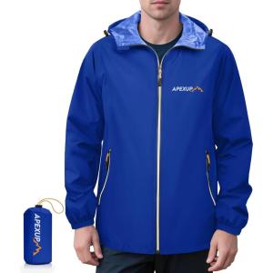 imageAPEXUP Packable Rain Jacket Men with Reflective Zipper Lightweight Waterproof Raincoat Mens Rain Jacket for Outdoor SportsRoyal Blue