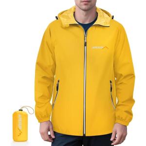 imageAPEXUP Packable Rain Jacket Men with Reflective Zipper Lightweight Waterproof Raincoat Mens Rain Jacket for Outdoor SportsYellow