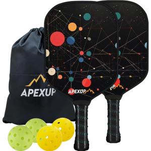 imageAPEXUP Fiberglass Pickleball Paddles Premium Pickleball Paddles Set of 2 Pickle Ball Set with Ergonomic Cushion Grip 2 Pickleball Rackets 4 Pickleball 1 Portable BagColored ball