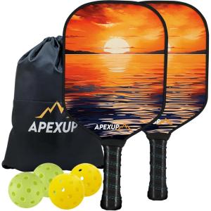 imageAPEXUP Fiberglass Pickleball Paddles Premium Pickleball Paddles Set of 2 Pickle Ball Set with Ergonomic Cushion Grip 2 Pickleball Rackets 4 Pickleball 1 Portable BagSetting Sun