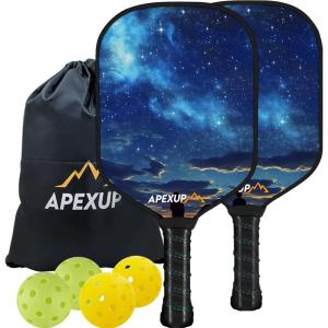 imageAPEXUP Fiberglass Pickleball Paddles Premium Pickleball Paddles Set of 2 Pickle Ball Set with Ergonomic Cushion Grip 2 Pickleball Rackets 4 Pickleball 1 Portable BagStarry Sky